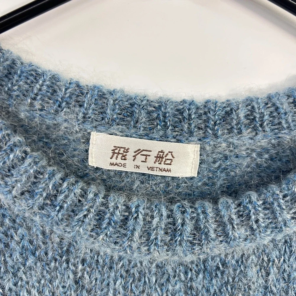 Vintage Wool Blend Tuxedo Cat Sweater Fuzzy Blue Novelty Kitsch Grandmacore